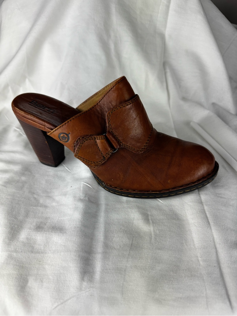 Børn Womens 9 Brown Leather Heeled Clogs Mules Buckle Slip On Comfort Shoes